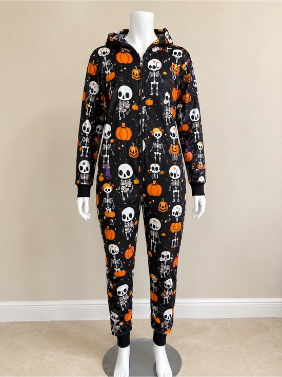 Other - Women’s Small Halloween Skeleton Pumpkin Hooded Zip Up Onesie